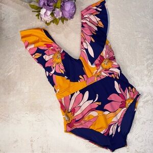 NWT Trina Turk Breeze Ruffle Plunge One-Piece Swimsuit